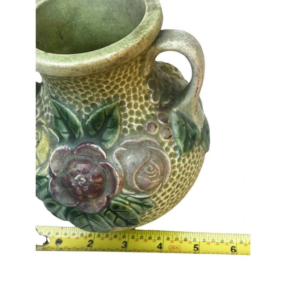 Antique Roseville Rozane Double Handle Roses Floral Art Pottery Vase 6.5